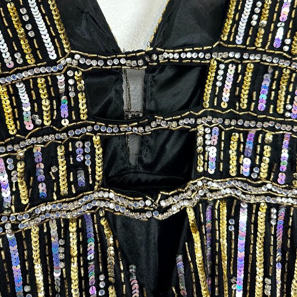 MAC DUGGAL Stripe Sequin Gown in Black Gold Size US 2 - Picture 10 of 11